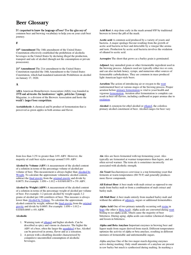 Beer Glossary PDF Brewing Beer