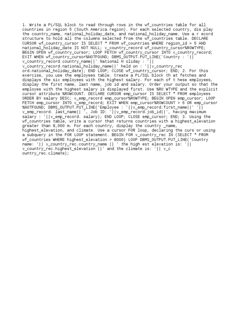 PL/SQL Blocks for Country Data Queries | PDF | Pl/Sql | Data Management ...