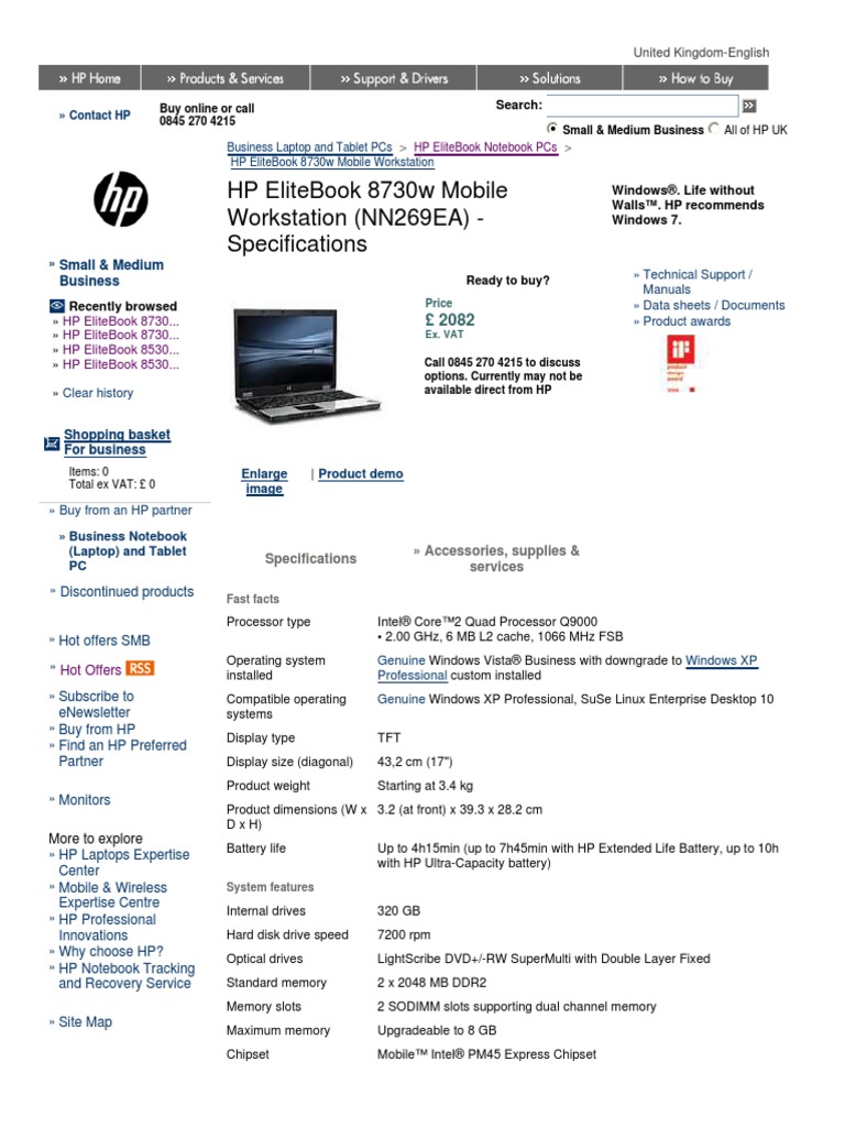 HP Elitebook 8730W Mobile Workstation (Nn269Ea) - Specifications | PDF ...