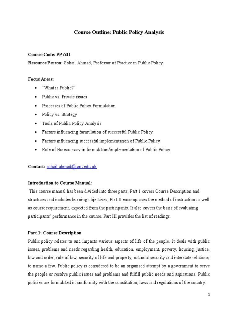 Public Policy Analysis Course Outline | PDF | Policy Analysis | Policy