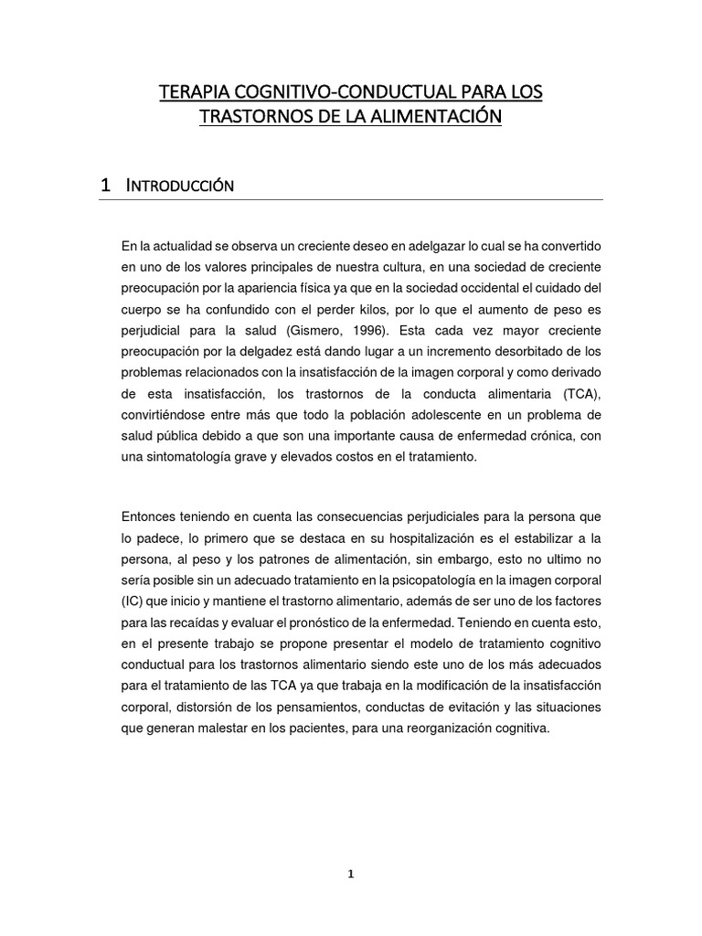 Terapia Cognitivo Conductual En Tca Pdf Desorden Alimenticio