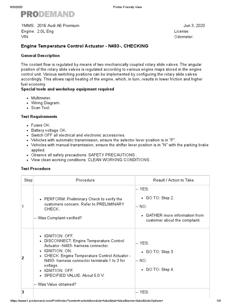 Engine Temperature Control Actuator N493, CHECKING General