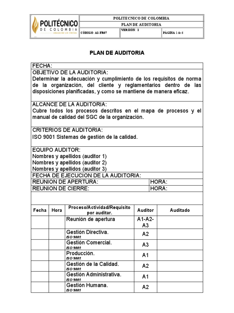 Ejemplo de Plan de Auditoría ISO 9001 | PDF | Negocios | Finanzas y dinero