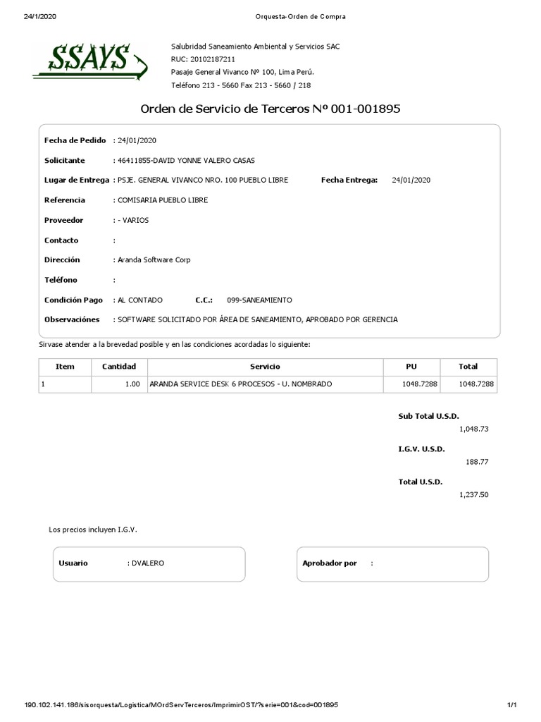 Orden de Compra para Software Saneamiento | PDF | Business | Informática