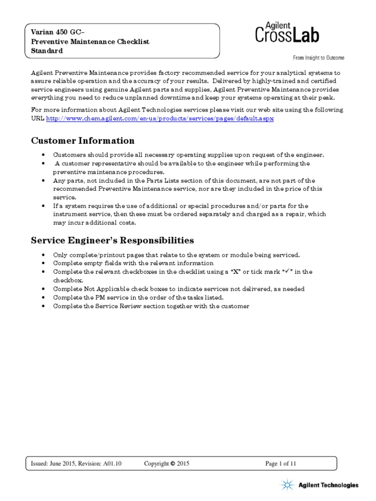 Customer Information Varian 450 GC Preventive Maintenance Checklist