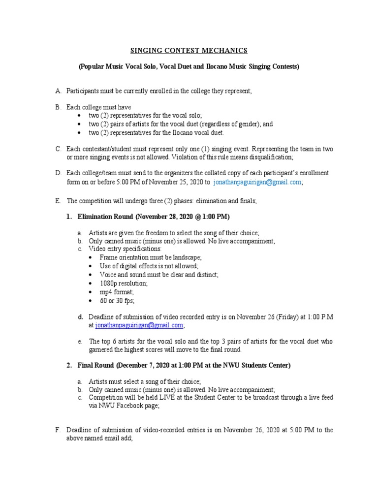 Singing Contest Mechanics: (Popular Music Vocal Solo, Vocal Duet and ...