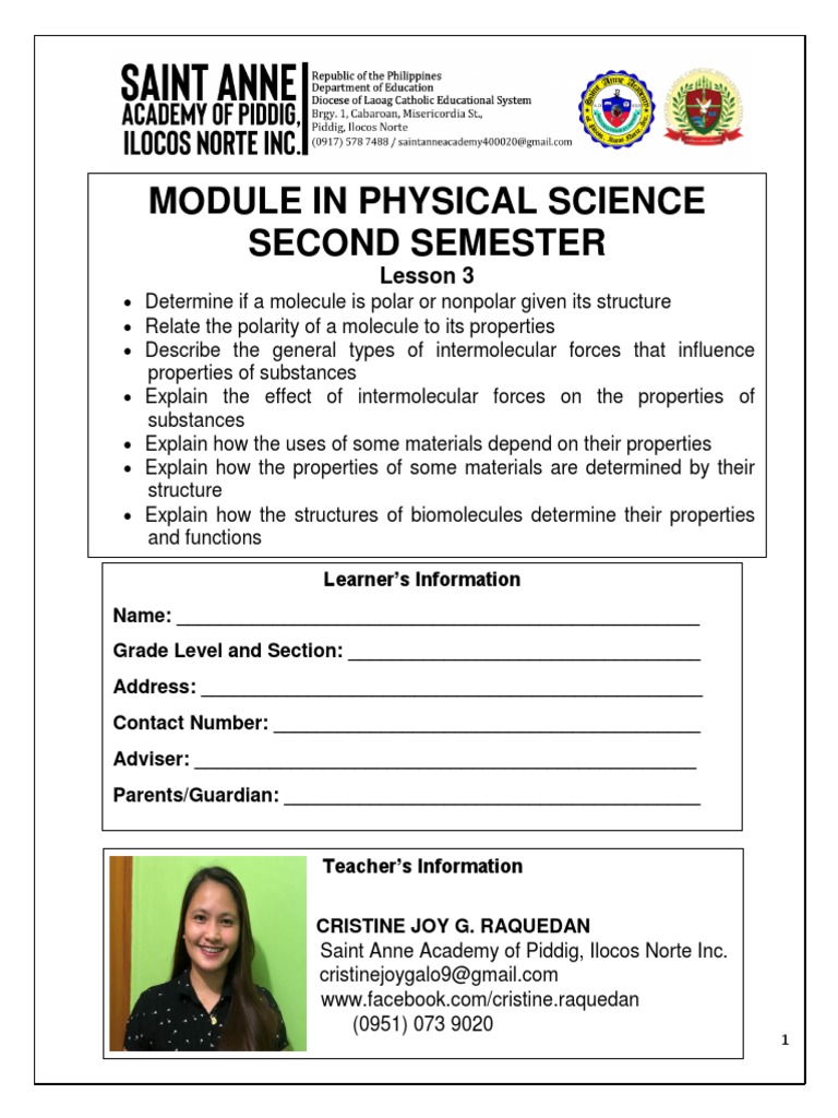 q1l3 - 2nd Sem Physical Science | PDF | Chemical Polarity | Chemical Bond