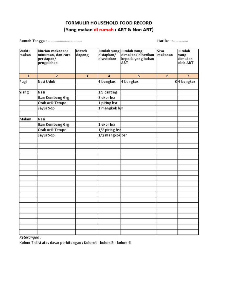Form Household Food Record | PDF