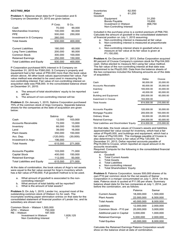Business Combination Q4 PDF Book Value Goodwill (Accounting)