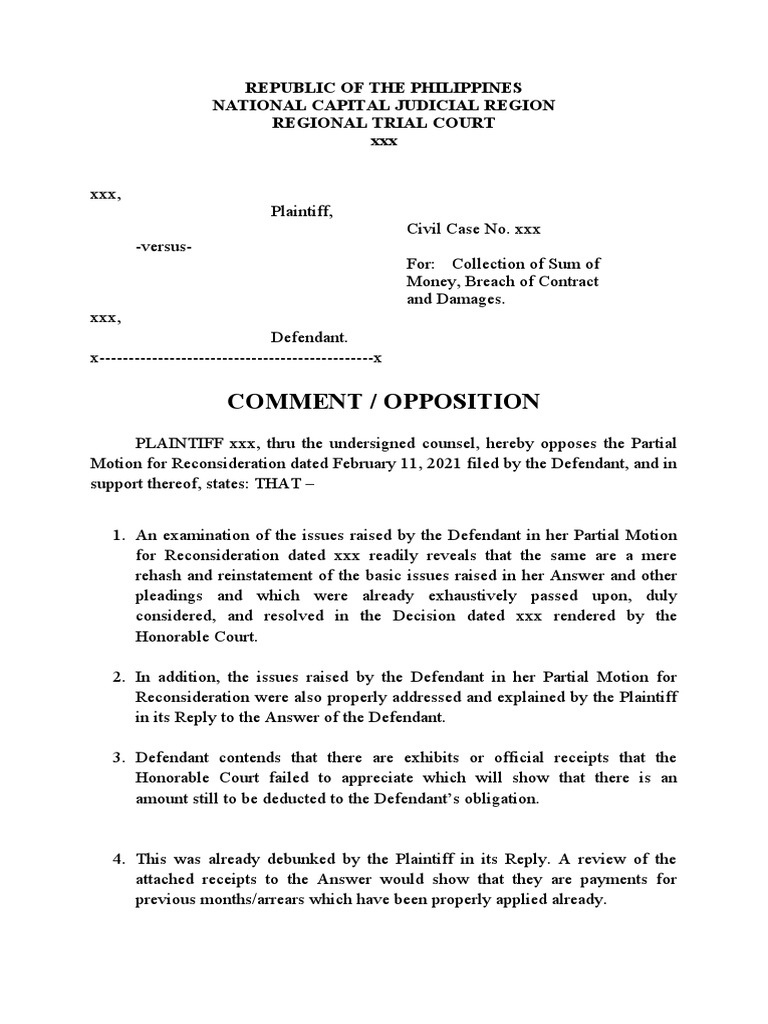 Opposition to Motion for Reconsideration | PDF | Lease | Lawsuit