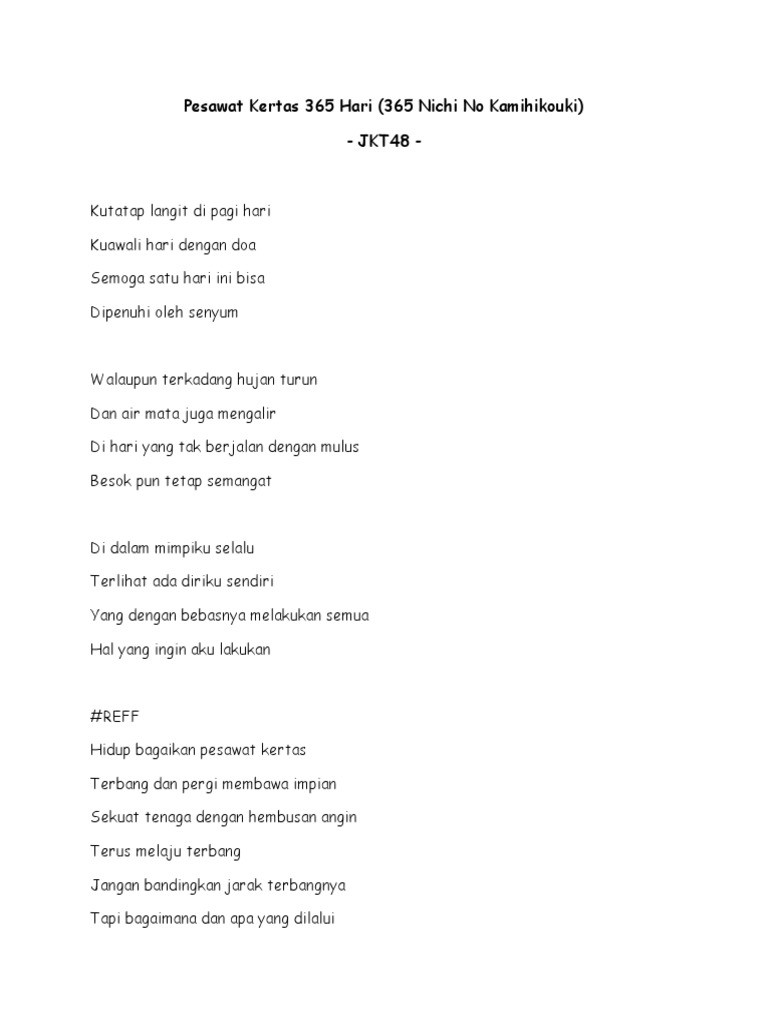 Lirik Lagu - Pesawat Kertas 365 Hari (365 Nichi No Kamihikouki) - JKT48 ...