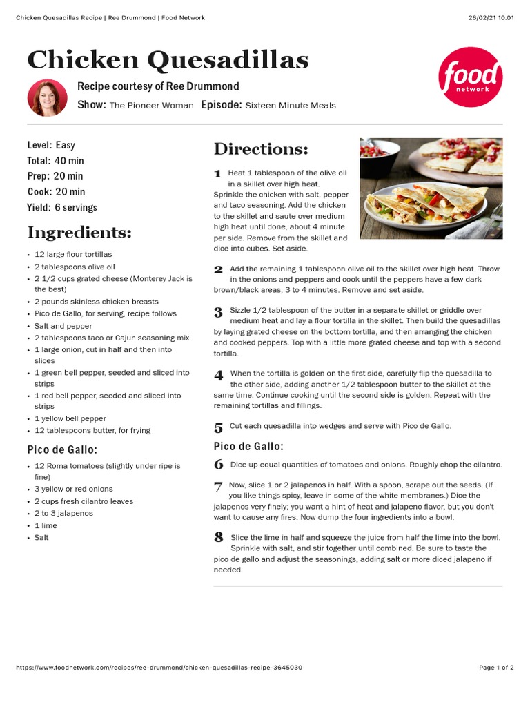 Chicken Quesadillas Recipe Ree Drummond Food Network PDF North American Cuisine