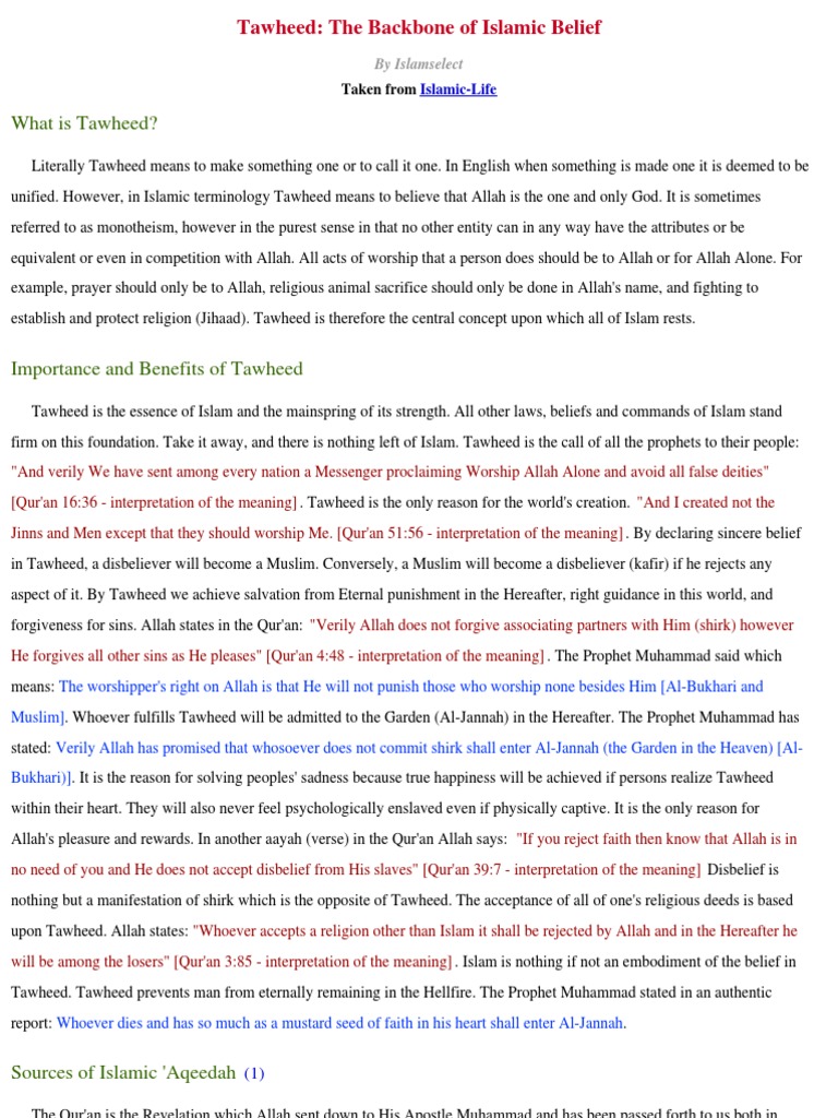 Tawheed The Backbone of Islamic Belief PDF Tawhid Prophets And