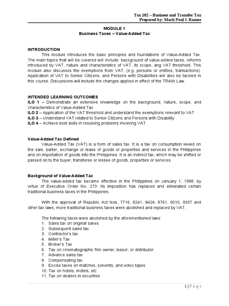 Module 1 VAT Exemptions PDF Value Added Tax Taxes