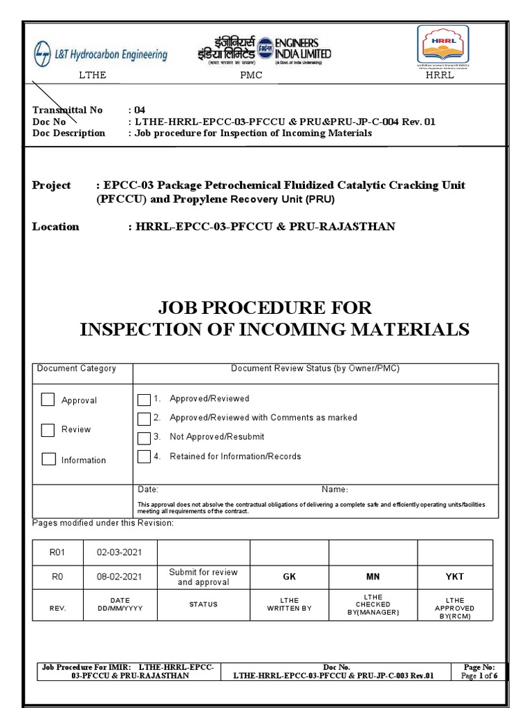 Incoming Material Inspection Procedure | PDF | Specification (Technical ...