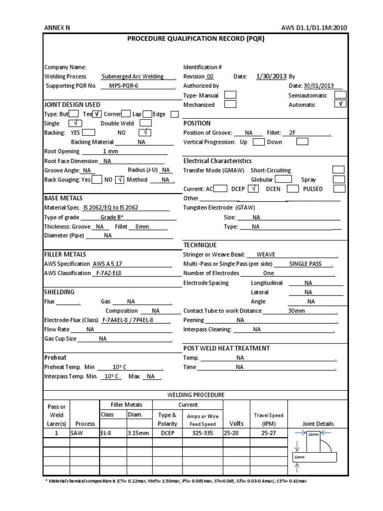 Procedure Qualification Record (PQR) Annex N AWS D1.1/D1.1M2010