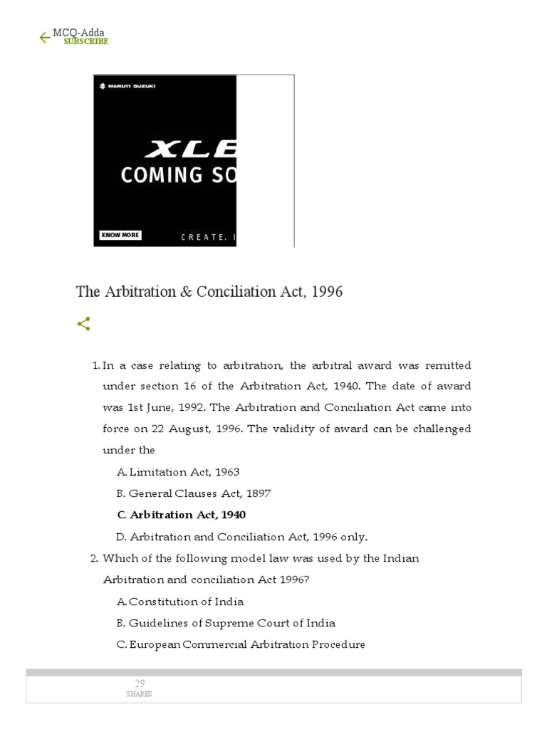 MCQs on Arbitration Act 1996 | PDF | Arbitral Tribunal | Arbitration