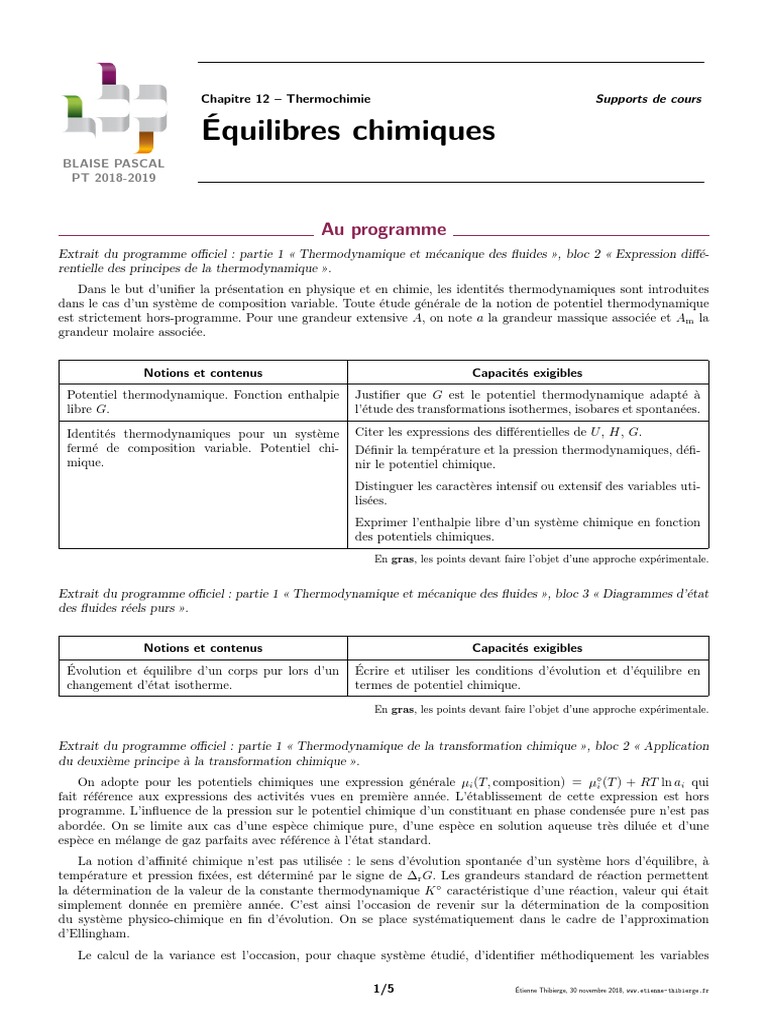 Thermochimie : Équilibres chimiques et optimisation | PDF | Équilibre ...