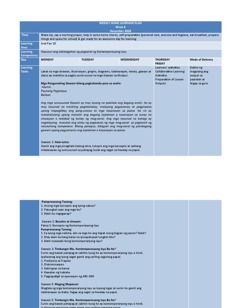 Ap 10 Weekly Home Learning Plan | PDF
