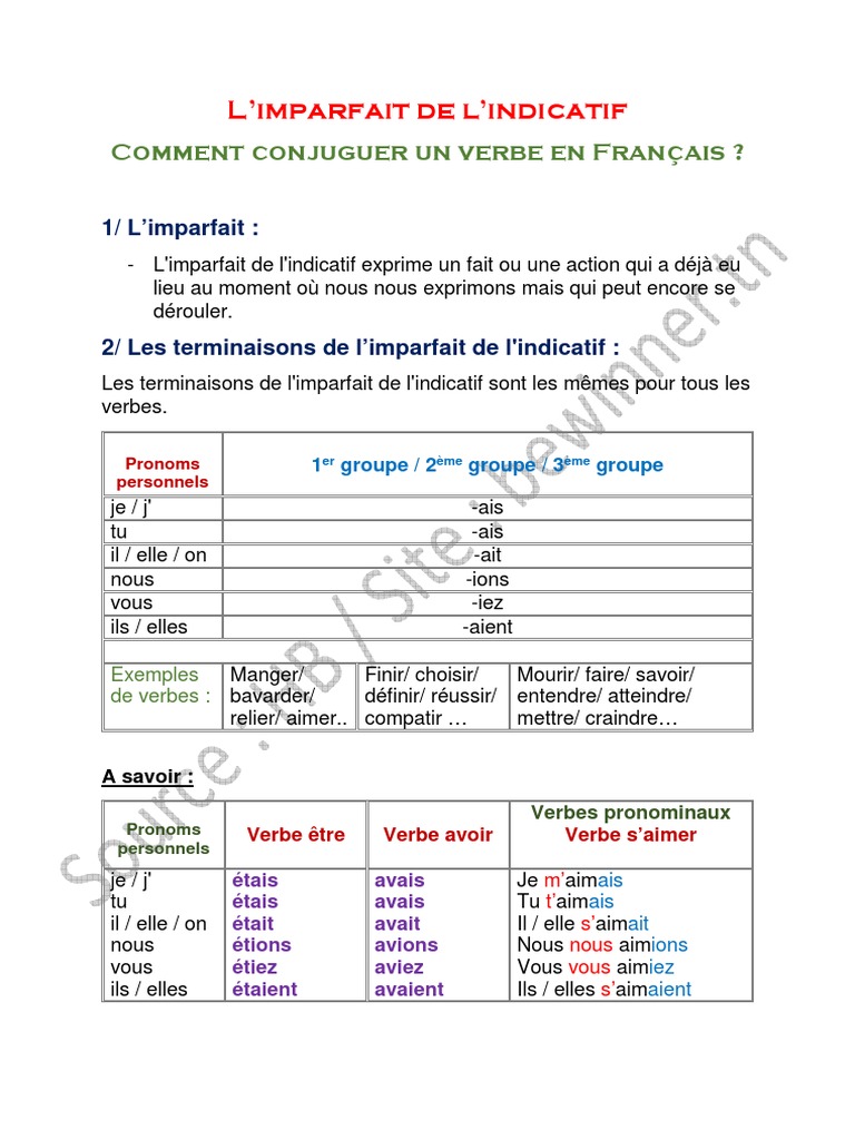 Terminaisons De L imparfait De L indicatif Limparfait de Lindicatif | PDF | Verbe | Relations syntaxiques
