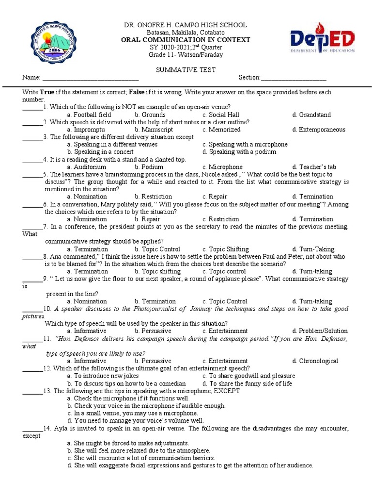 Grade 11 Oral Communication Exam Q2 | PDF | Speech | Nonverbal ...