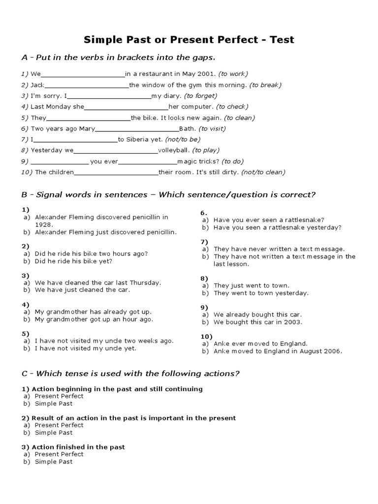 Simple Past vs Present Perfect Test | PDF | Perfect (Grammar ...