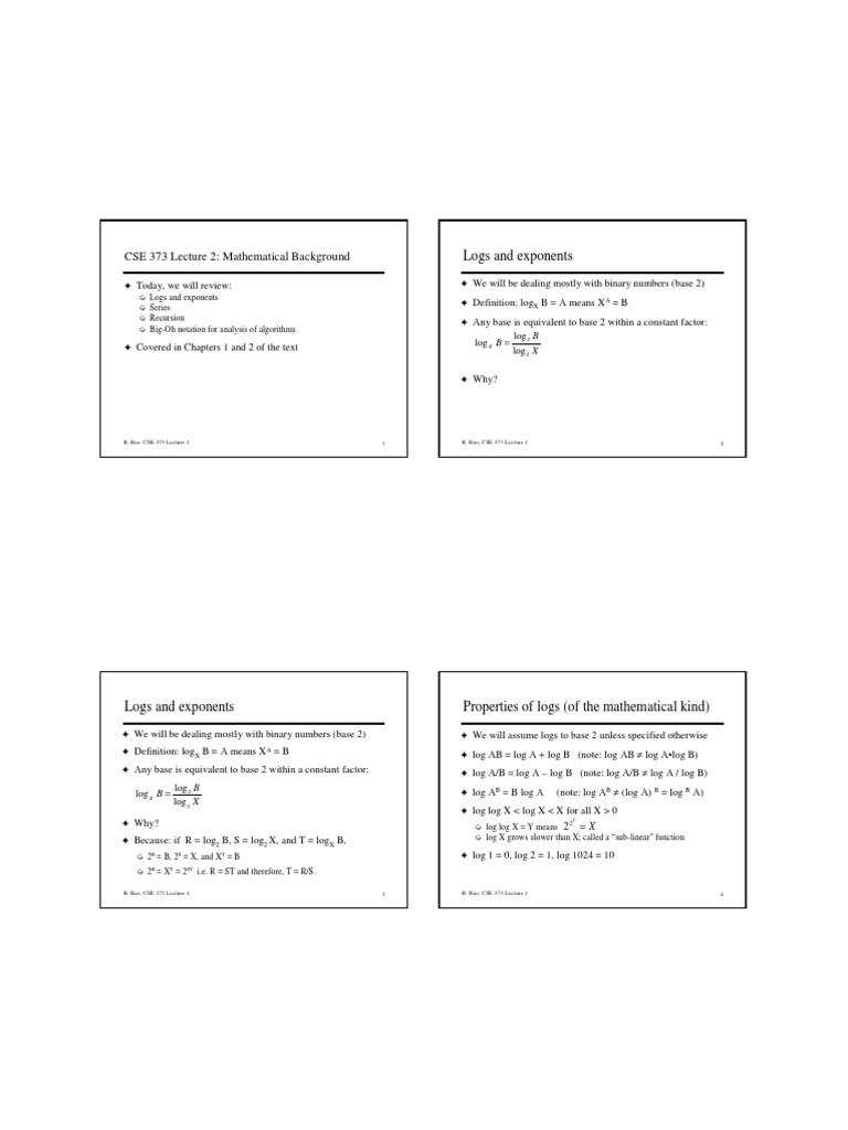 CSE 373: Logs and Algorithm Analysis | PDF | Time Complexity | Logarithm