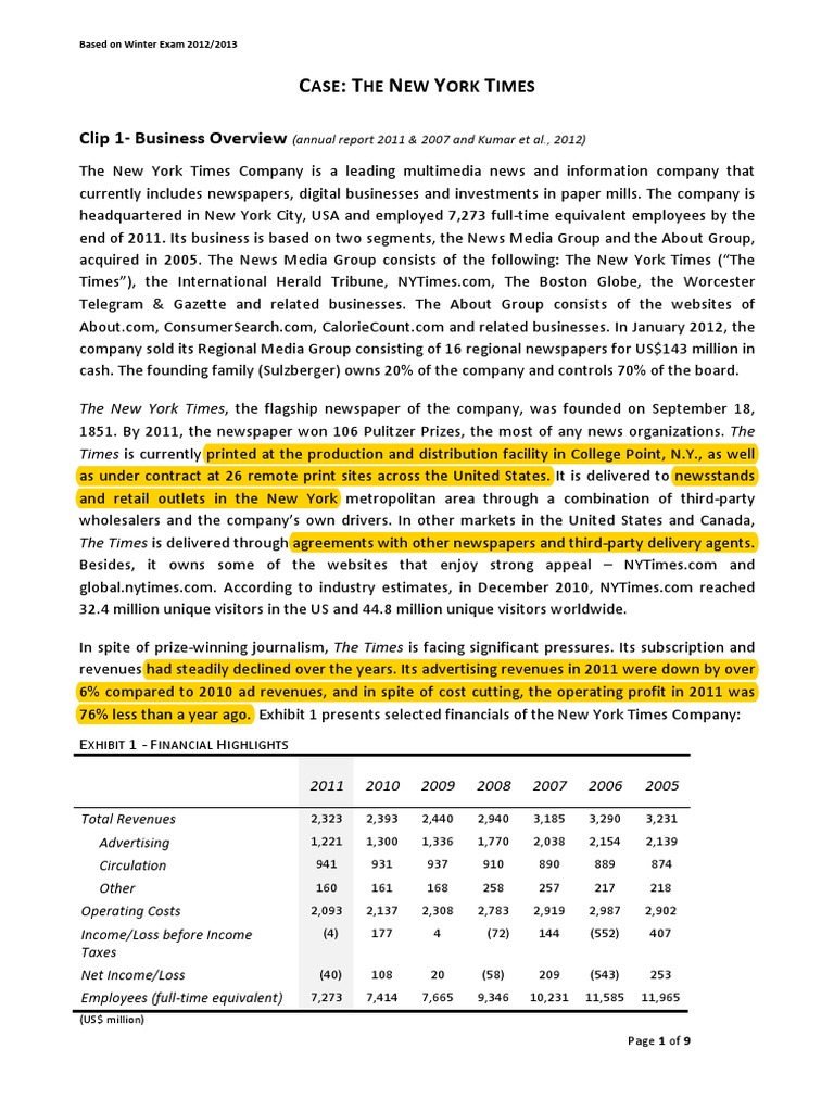 New York Times Business Overview 2011 | PDF | Newspapers | Subscription ...