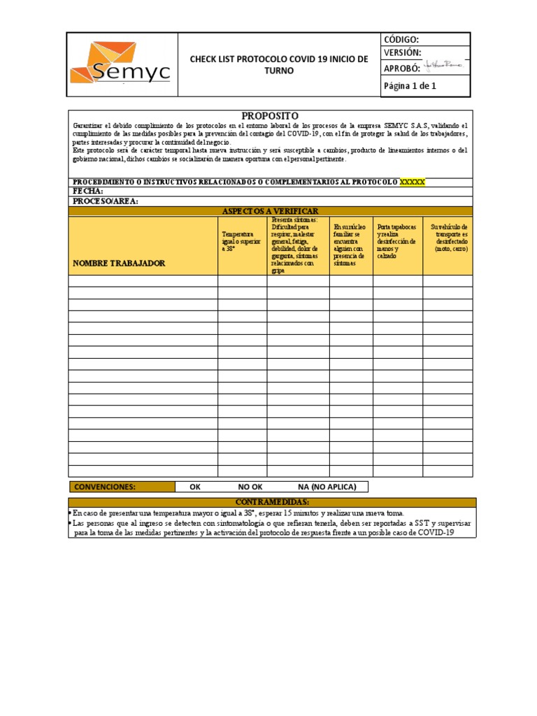Check List Protocolo Inicio de Turno | PDF | Bienestar | Medicina