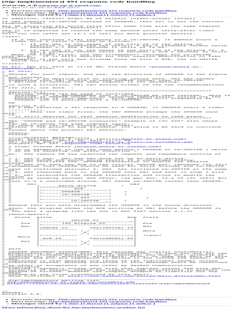 (Sip-Implementors) 491 Response Code Handling | PDF | Transmission ...