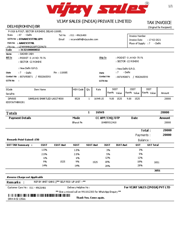 Tax Invoice Vijay Sales (India) Private Limited Delhi (Rohini) BR PDF Policy Economy Of India