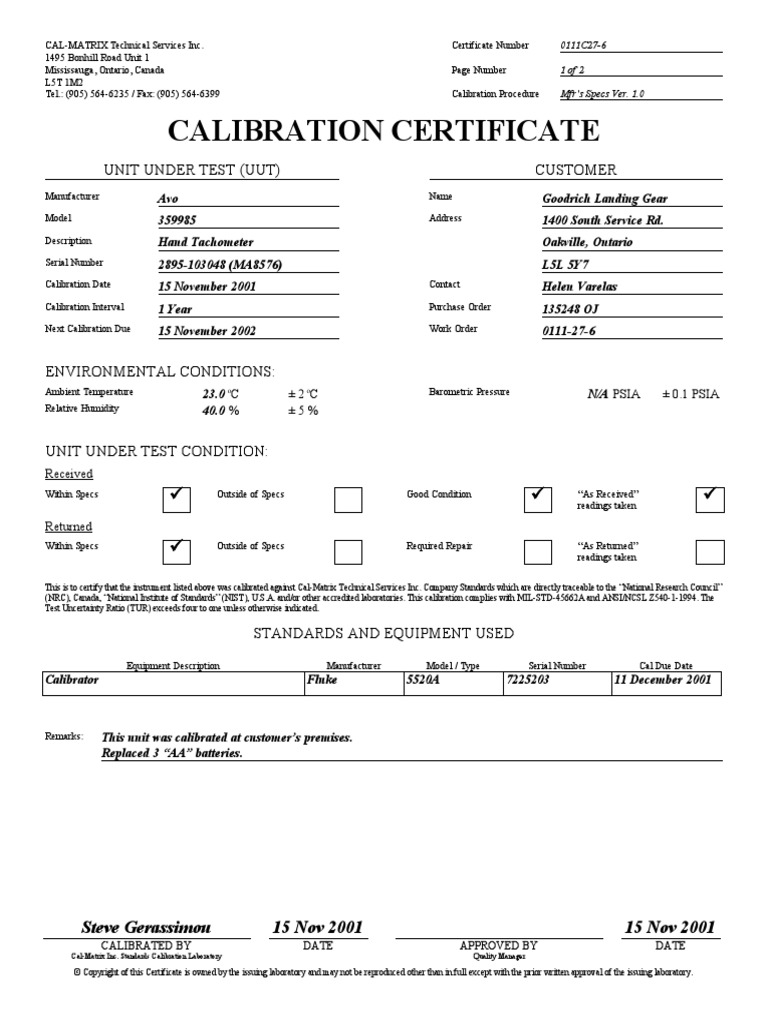 Calibration Certificate: Unit Under Test (Uut) Customer | PDF ...