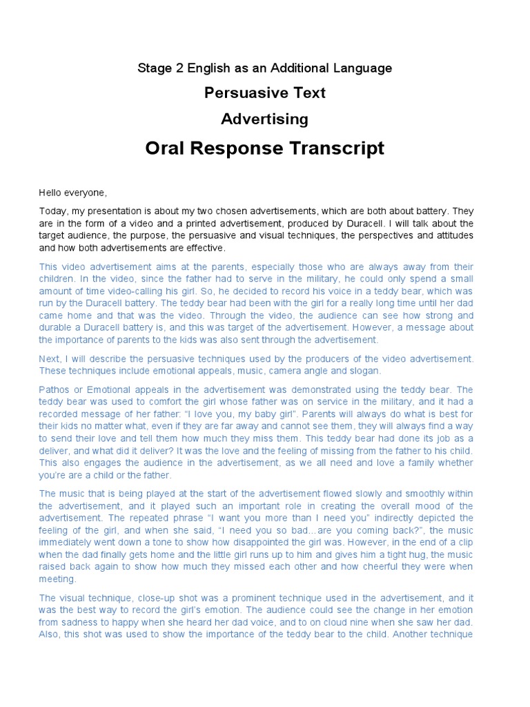Oral Response Transcript: Persuasive Text Advertising | PDF | Feeling ...