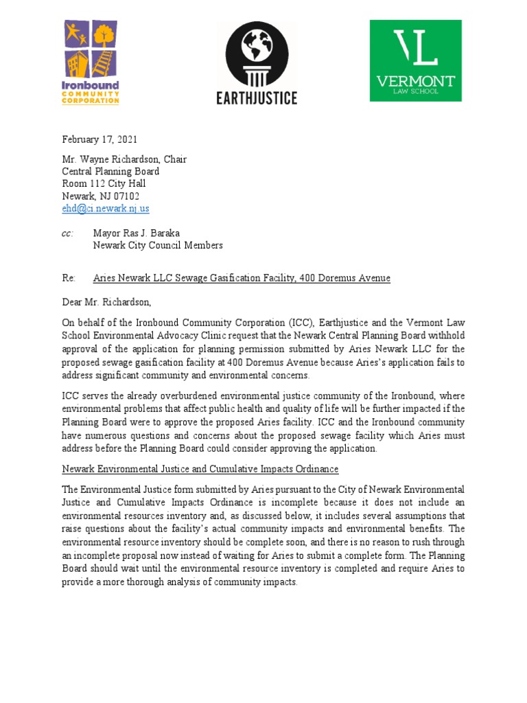 ICC Comments To Newark Planning Board Re Proposed Aries Facility PDF
