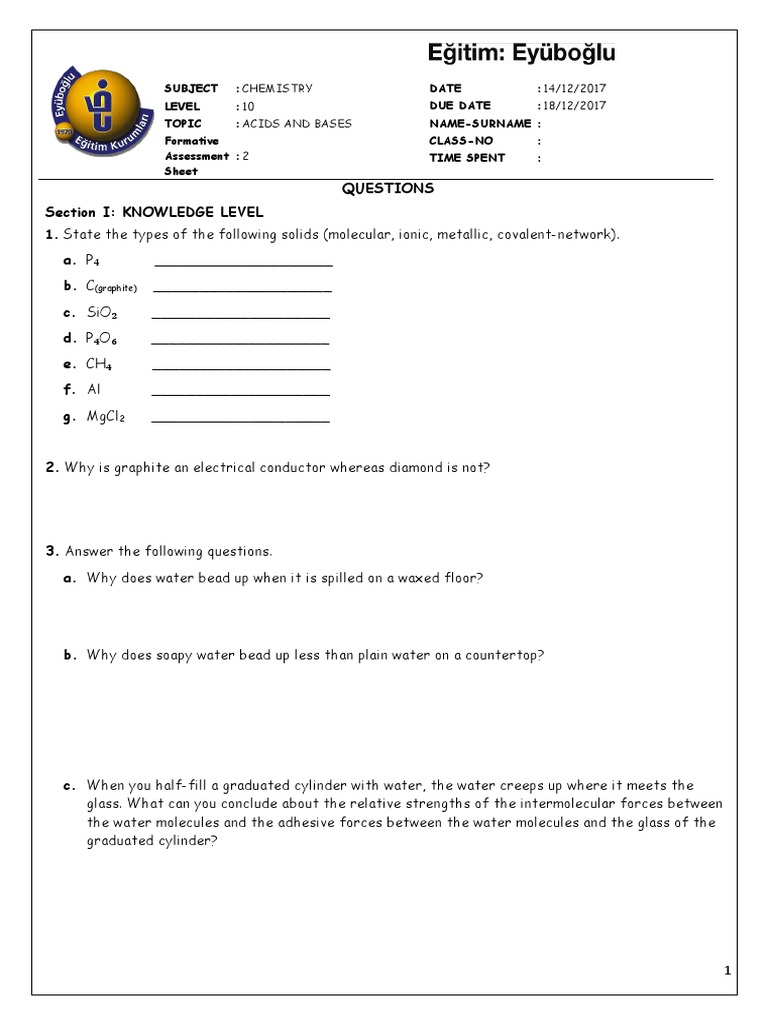 Class 10 Chemistry: Acids and Bases Assessment | PDF | Gases | Water