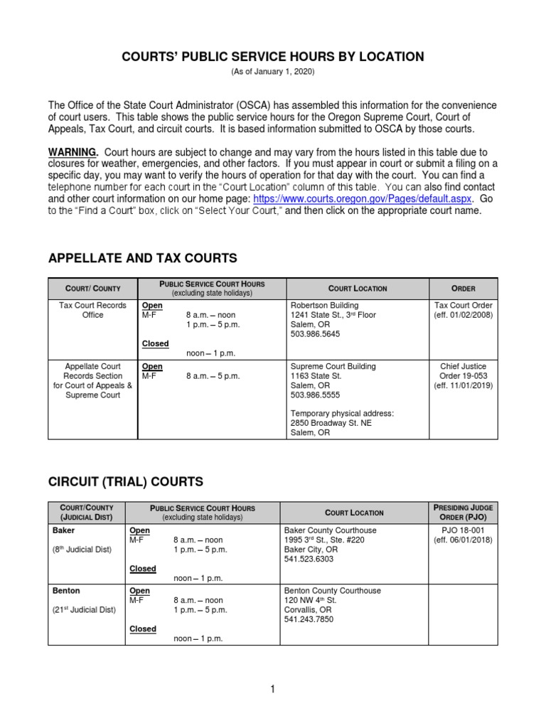 Courts ' Public Service Hours by Location PDF Legal Organizations