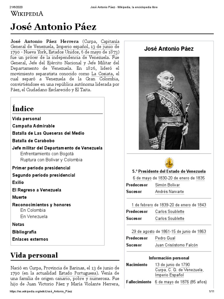José Antonio Páez Wikipedia, la enciclopedia libre PDF Venezuela