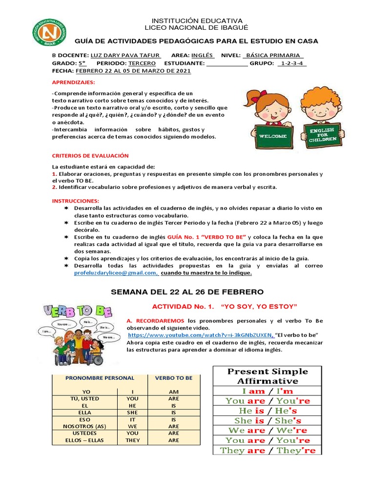 GUÍA PEDAGÓGICA DE INGLÉS No. 1 GRADO 5° AÑO 2021 | PDF | Verbo | Gramática