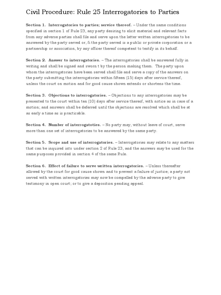 Civil Procedure Rule 25 Interrogatories PDF Deposition (Law