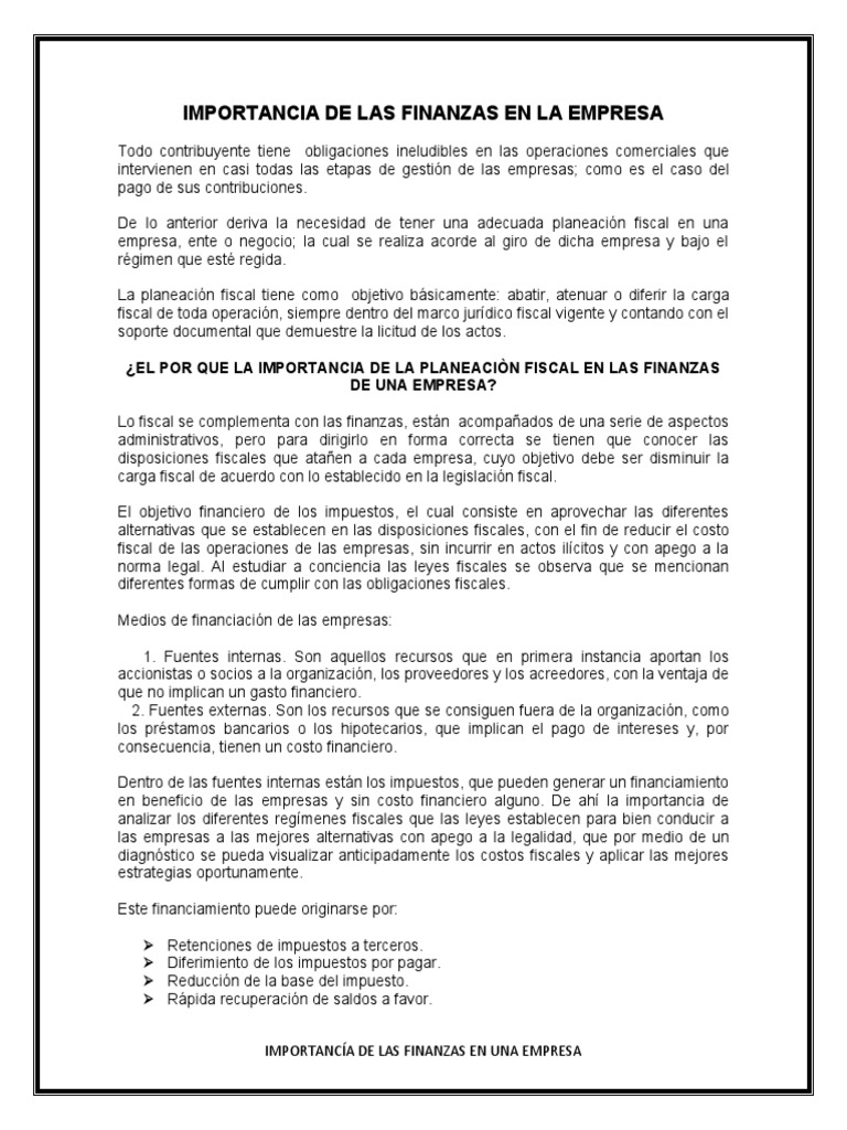 Importancia de Las Finanzas en La Empresa | PDF | Impuestos | Planificación