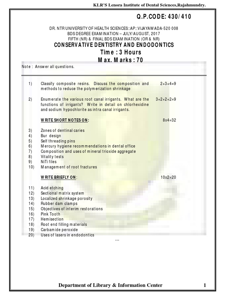 Q.P.CODE 430/410 Conservative Dentistry and Endodontics PDF