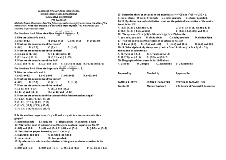 Grade 11 Pre-Calculus Summative Test | PDF | Ellipse | Algebraic Geometry