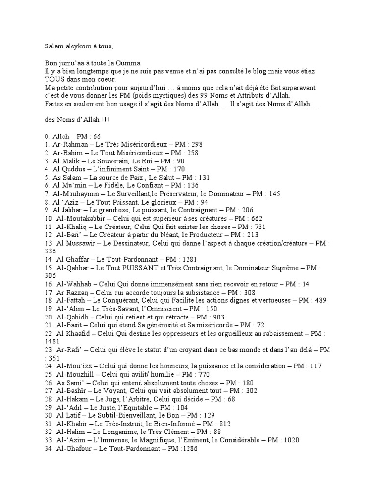 Les 99 Noms D allah Et Leur Poids Mystique Poids Mystiques de Quelques Noms Devins | PDF | Religions abrahamiques |  Théologie