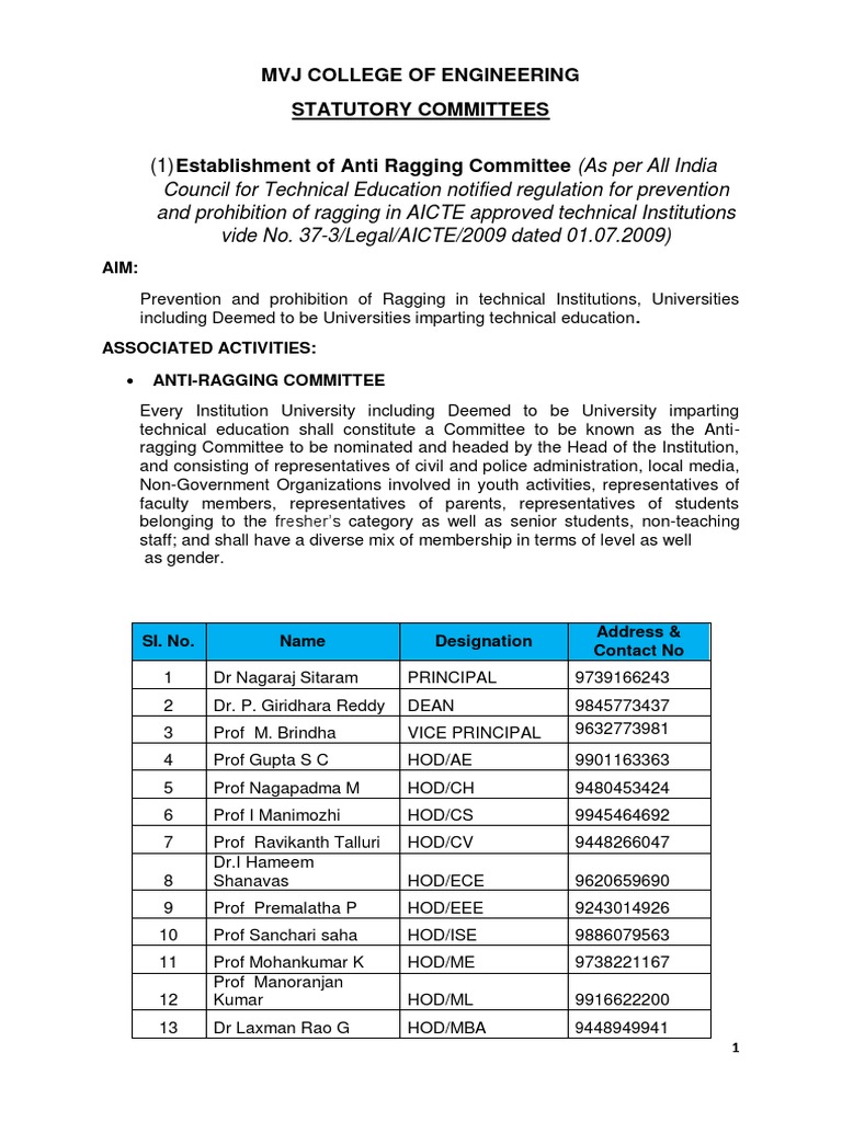 MVJ College Statutory Committees Overview | PDF | Sexual Harassment ...