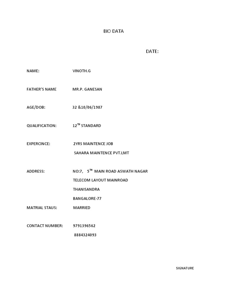 Vinoth Bio Data | PDF