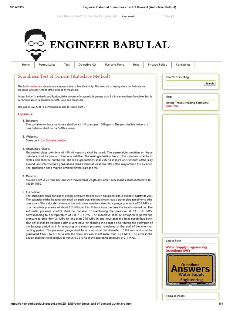 Soundness Test of Cement (Autoclave Method) PDF Pressure Cement