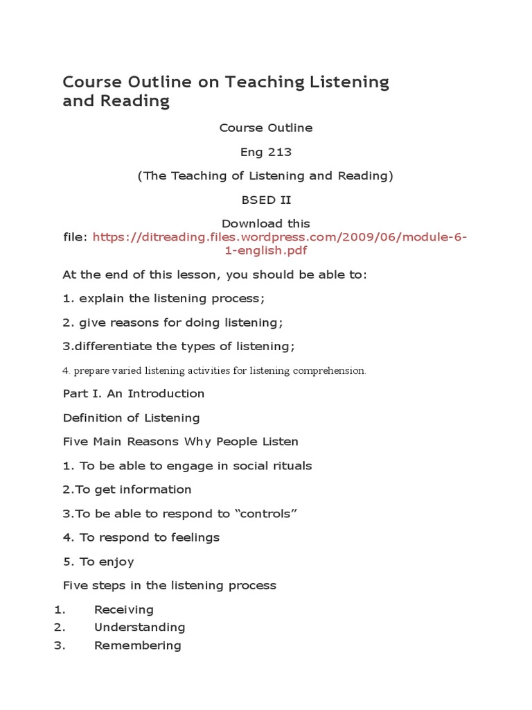 Course Outline On Teaching Listening and | PDF | Reading Comprehension ...