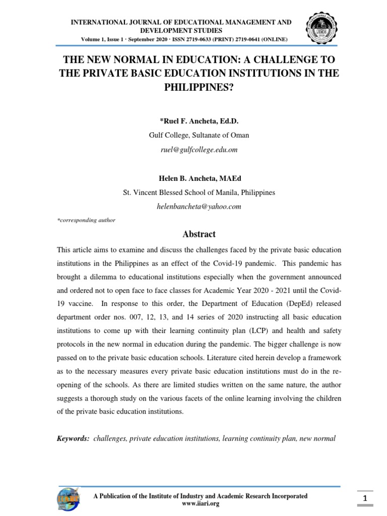 The New Normal in Education: A Challenge To The Private Basic Education ...