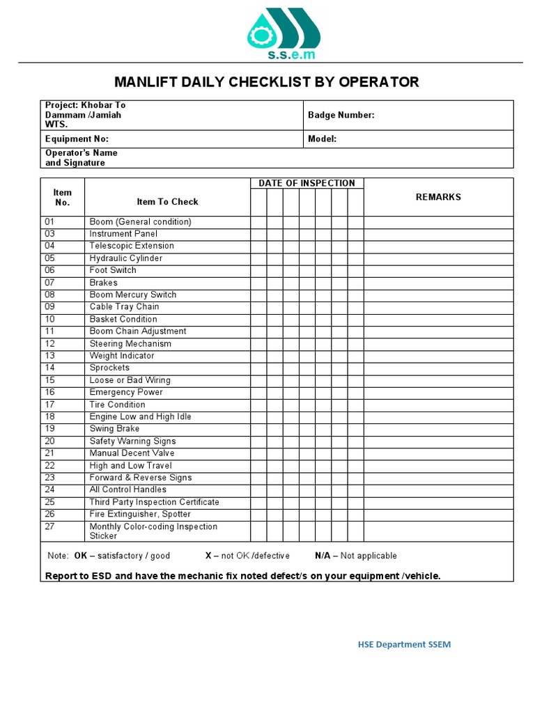Manlift Daily Inspection Checklist | PDF