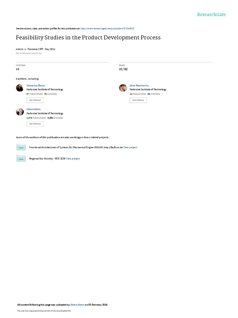 Feasibility Studies in The Product Development Process Procedia CIRP